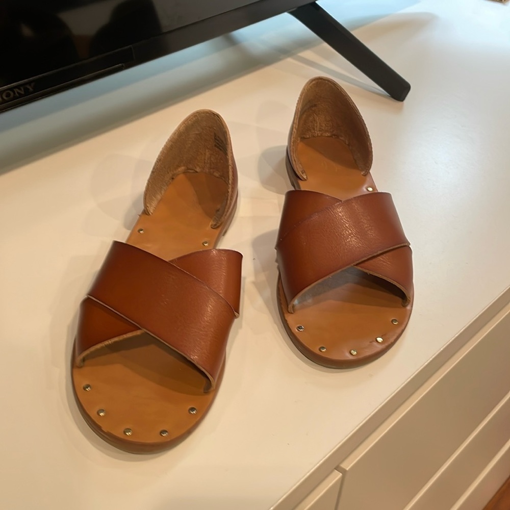 Brown leather European style flat sandal. Size 6.